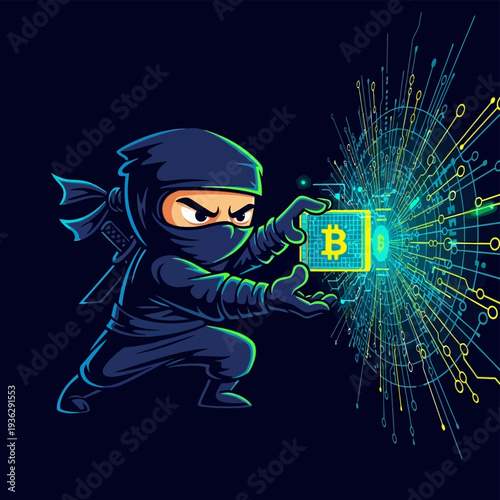 Bitcoin Ninja Hacking and Stealing Crypto Chip in Digital Circuit Network. Cybersecurity, Theft, and Blockchain Technology Illustration.