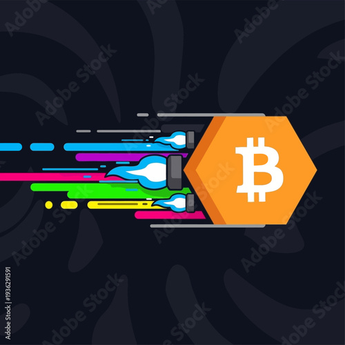 Bitcoin Rocket Launch. Cryptocurrency Acceleration and Growth Concept. Fast Digital Currency Boom Illustration.