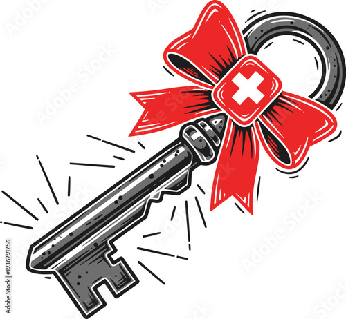 Vintage key with red cross bow linocut vector illustration unlocking hope medical care art