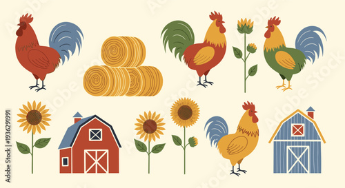 Charming Farmyard Scene with Roosters, Hay Bales, Sunflowers, and Barns Depicting Rural Life