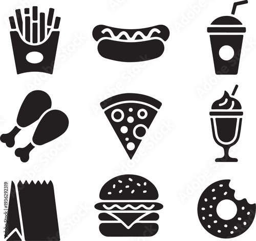 Fast Food Icons Set Burger Pizza Fries Drink Vector,Junk Food Icon Collection Fast Food Symbols