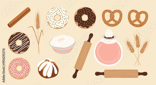 Delicious baked goods and baking ingredients arranged artfully on a soft beige background for a delightful culinary theme