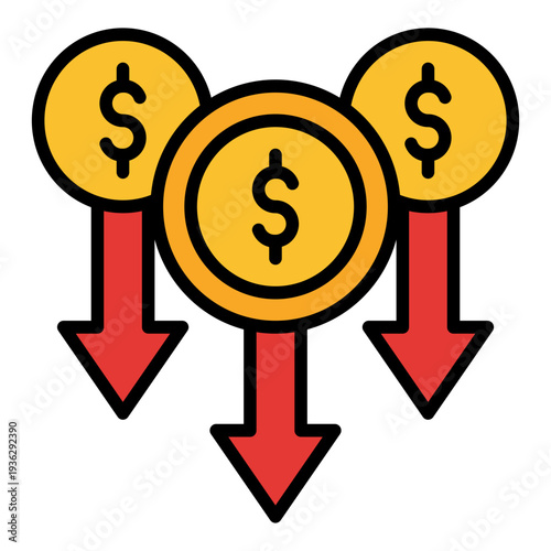 Currency Depreciation Icon – Rate Cut and Financial Reduction Concept Filled Line
