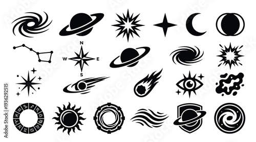 A collection of 24 black and white vector icons representing various celestial bodies, astronomical phenomena, and cosmic elements.
