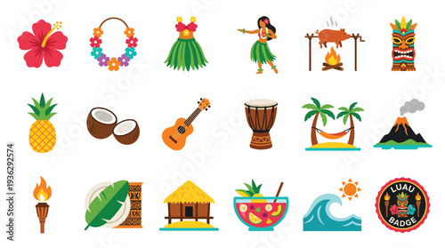 A vibrant collection of tropical Hawaiian island icons, showcasing cultural symbols and natural elements for a luau celebration.