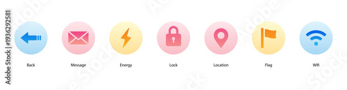 Digital Essentials web banner vector featuring Back, Message, Energy, Lock, Location, Flag, and Wifi for modern communication and connectivity.