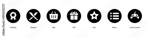 Game and Rewards web banner vector illustration featuring Ranking, Weapon, Bag, Gift, Star, Menu, and Game Control for online gaming and achievements.