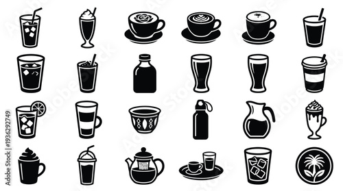 A collection of 30 black and white icons representing various beverages and drinkware, including coffee cups, glasses, bottles, and pitchers.