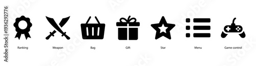 Game and Rewards web banner vector illustration featuring Ranking, Weapon, Bag, Gift, Star, Menu, and Game Control for online gaming and achievements.