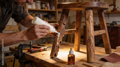 Adhesive for fixing a broken stool. Furniture restoration