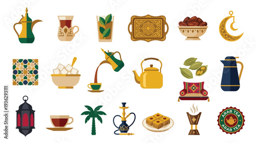 A collection of traditional Middle Eastern and Arabic cultural icons, including coffee pots, tea glasses, dates, sweets, and decorative elements.