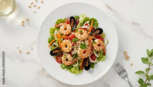 Aerial perspective of seafood salad, a favored Thai dish