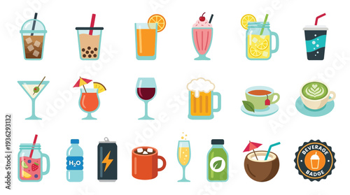 A vibrant collection of diverse beverages, showcasing a wide array of drinks from refreshing juices and cocktails to hot beverages and energy drinks, presented in a clean, flat icon style.