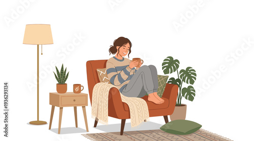 Cozy scene of a woman relaxing in an armchair with a warm drink, surrounded by plants and a lamp, depicting comfort and tranquility in a home setting