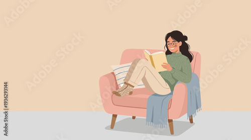 Vector illustration of a serene young woman deeply engrossed in reading a captivating book while relaxing comfortably in a cozy armchair at home