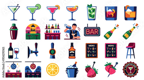 A vibrant collection of bar and cocktail icons, showcasing drinks, bar equipment, and festive elements.