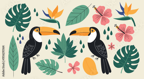Vibrant Tropical Toucan Birds Surrounded by Exotic Leaves and Bright Flowers in a Playful Jungle Pattern
