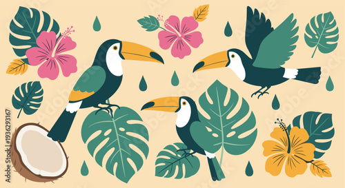 Vibrant Toucan Birds Amidst Tropical Foliage and Hibiscus Flowers with Coconut and Raindrops on a Soft Yellow Background