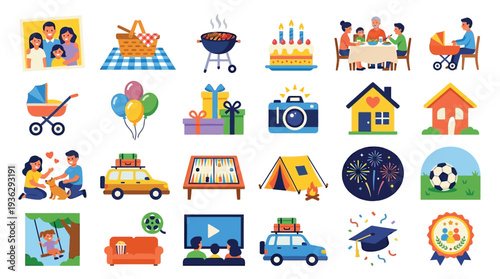 A vibrant collection of flat design icons representing family, celebrations, and leisure activities, perfect for diverse design projects.