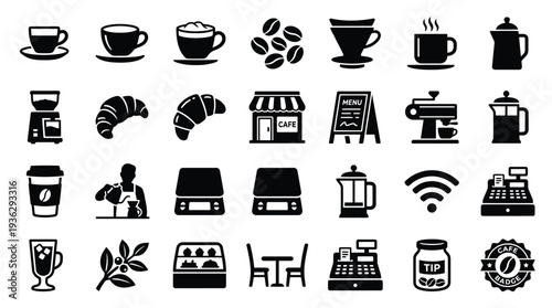 A comprehensive collection of black and white icons representing various aspects of coffee culture, from brewing to service and enjoyment.