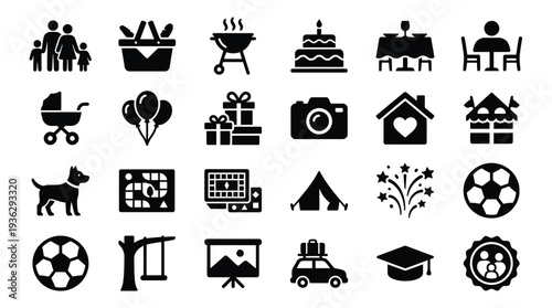 A collection of 24 black and white icons representing various activities and objects related to family gatherings, celebrations, and leisure.