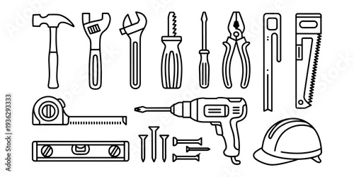 A collection of various tools and equipment for construction and DIY projects