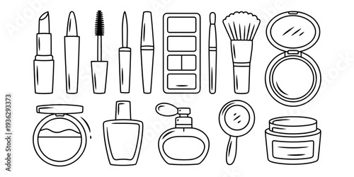 A minimalist line art illustration of various makeup products and tools on a white background