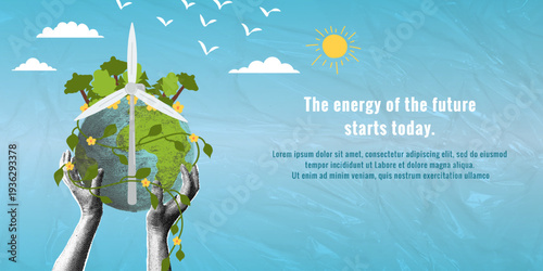 Renewable energy concept with a wind turbine and green Earth. A trendy halftone collage. A symbol of sustainable development, green technologies, and environmental protection.