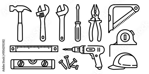 A set of construction tools and equipment in a simple line art style