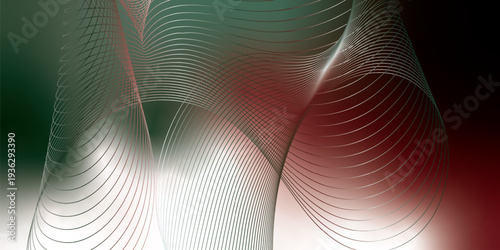 Abstract red, green and white luminous ribbons swirling across a deep dark background with sparkling micro particles, futuristic digital tech atmosphere, vector illustration