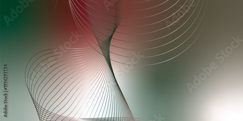 Abstract red, green and white luminous ribbons swirling across a deep dark background with sparkling micro particles, futuristic digital tech atmosphere, vector illustration