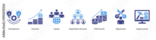 Economic Opportunity web banner  vector illustration featuring Development, Economy, Society, Organization Structure, Profit Growth, Opportunity, and Cryptocurrency.
