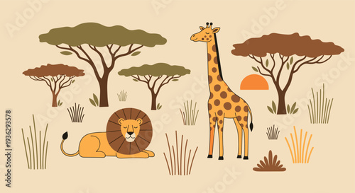 African savanna landscape with a majestic lion and a tall giraffe amidst acacia trees and dry grass under a warm sunset sky