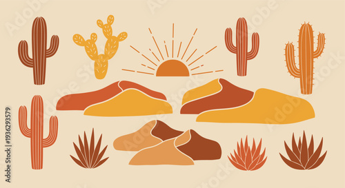 Desert landscape with cacti and sand dunes in warm earthy tones and a stylized sun rising creating a bohemian aesthetic