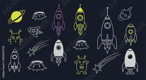Whimsical Space Adventure Collection Featuring Rockets Aliens Planets and Stars on Dark Background