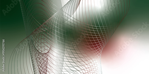 Abstract red, green and white luminous ribbons swirling across a deep dark background with sparkling micro particles, futuristic digital tech atmosphere, vector illustration