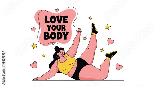 Empowering illustration shows a confident plus-size woman exercising next to a speech bubble with the message love your body.
