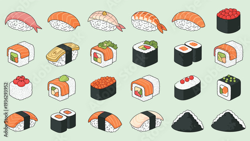 Extensive collection of sushi illustrations features various nigiri, maki rolls, and onigiri presented on a soft green background.