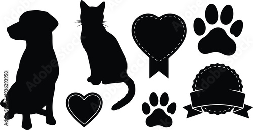 Black silhouettes of pets and heart shapes on white