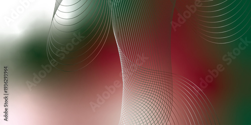 Abstract red, green and white luminous ribbons swirling across a deep dark background with sparkling micro particles, futuristic digital tech atmosphere, vector illustration