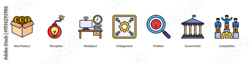 Business Development web banner vector illustration featuring New Product, Disruption, Workplace, Enlargement, Problem, Government, and Competitive.