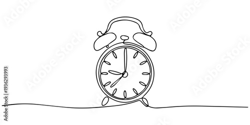 alarm clock continuous one line drawing, Continuous one line drawing of vintage alarm clock vector design, Clock drawn symbol. One line art continuous icon, Hand drawn vector illustration.