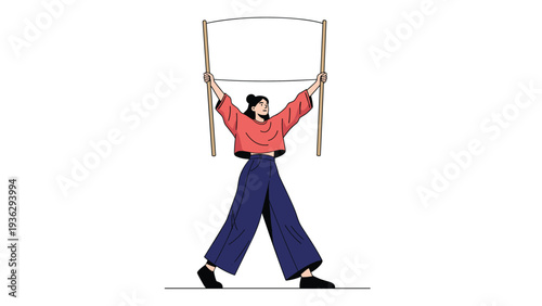 Woman in a red sweater and blue pants proudly holds up a blank white protest sign or banner on two wooden sticks.