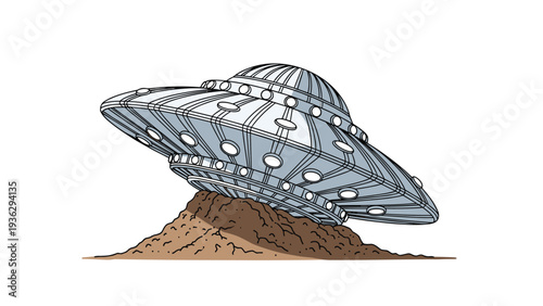 Classic silver metal unidentified flying object or saucer crashed and embedded into a mound of brown earth on a white background.