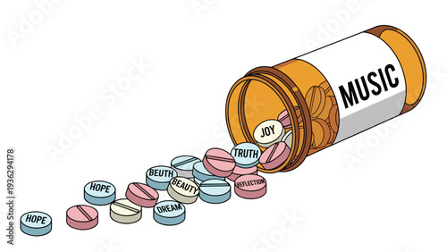 Orange prescription bottle spilling out colorful pills labeled with positive emotions and musical elements to show healing power.
