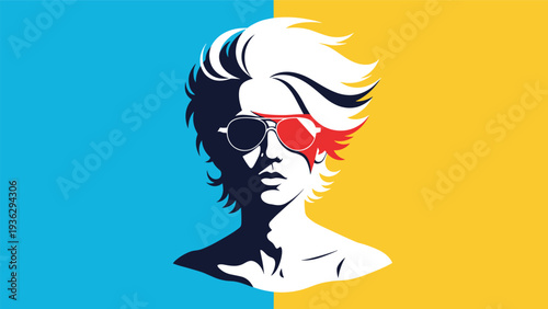Graphic pop art portrait of a person with stylish spiky white hair and sunglasses against a split blue and yellow background.