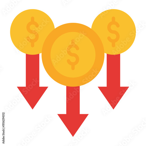 Currency Depreciation Flat Icon – Rate Cut, Discount and Financial Reduction Concept