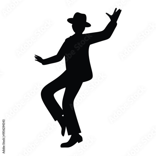Silhouette of a man in a suit and hat dancing energetically