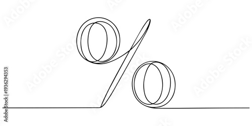 Percent mark continuous single one line minimalist outline vector illustration isolated design, Linear background of percent sign. One continuous line drawing of a percent sign. Vector 