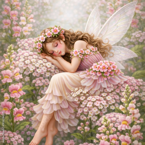 A cheerful snapdragon flower fairy perched on a tall snapdragon stem. The fairy has delicate wings shaped like soft flower petals and wears a dress inspired by the tubular snapdragon blossoms in soft 